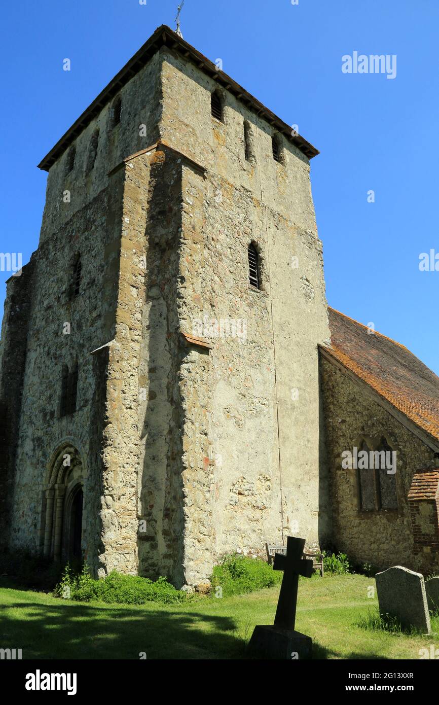 Tower of Church of Saint Mary Magdalen on Hamstreet Road, Ruckinge, Ashford, Kent, England, United Kingdom Stock Photo
