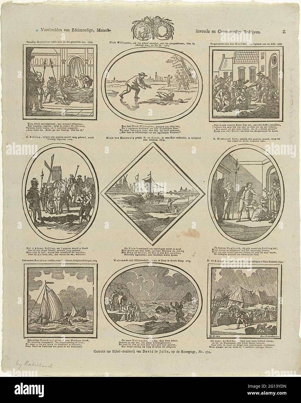 Examples of generous, human / enthusiastic and generous companies. Leaf with 9 performances by actions of persons from Dutch history that testify of generosity. Provisions fully or largely taken over from old prints. In the middle of the seal of society to the usefulness of the general. Above every image a title, under each image a four-line verse. Numbered at the top right: Z. Stock Photo