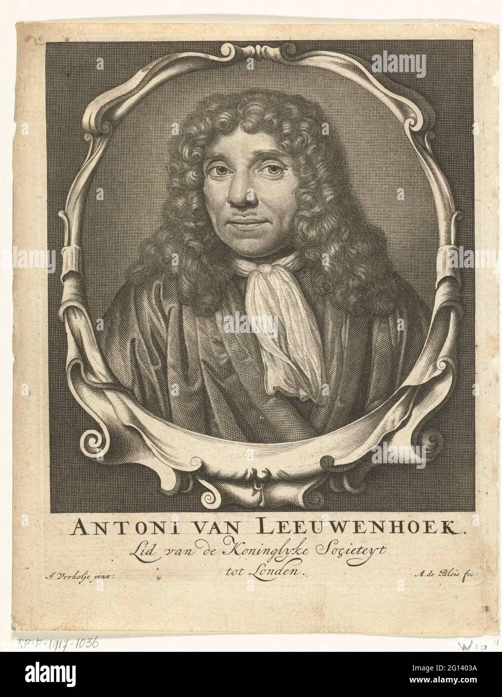 Portrait of Antonie van Leeuwenhoek; Antoni van Leeuwenhoek member of the Kinkelly Societeyt to London. Portrait of Antonie van Leeuwenhoek, bust in oval picture frame with lobe ornament. Stock Photo