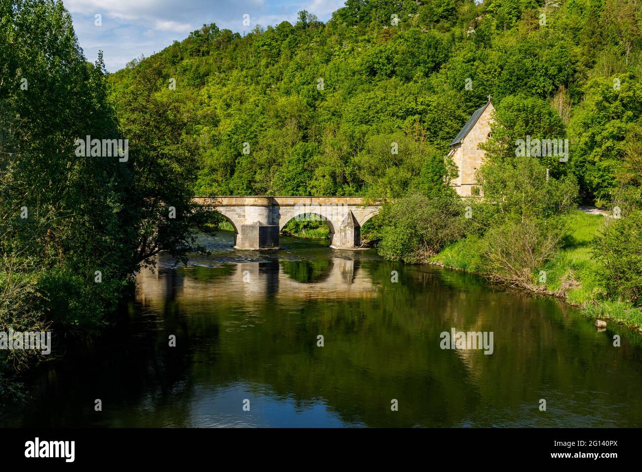 The historic bridge over the Werra River at Creuzburg in the Werra ...