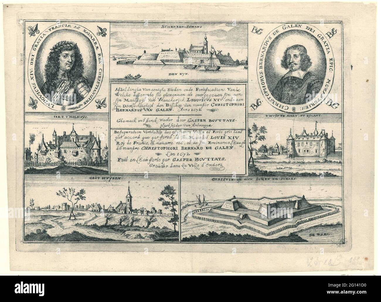 Title print for a series of twelve prints of fortresses conquered by French and Munsterse troops, 1672; Twelve faces at fortresses and cities welcome by the French and the bishop of Munster in 1672; Image of unique cities and fortifications of the welcke different soo gewnen as surrendered to his sine majesteyt van Vranckerijk lodovicus XIV ende aen sijn spleighighijke den bishop of Munster Christophori Bernardus van Galen. Anno 1672. Sheet with portraits of the king of France and the bishop of Munster and five cities or fortresses that fought. These are mentioned in the print: Schenken-Schans Stock Photo