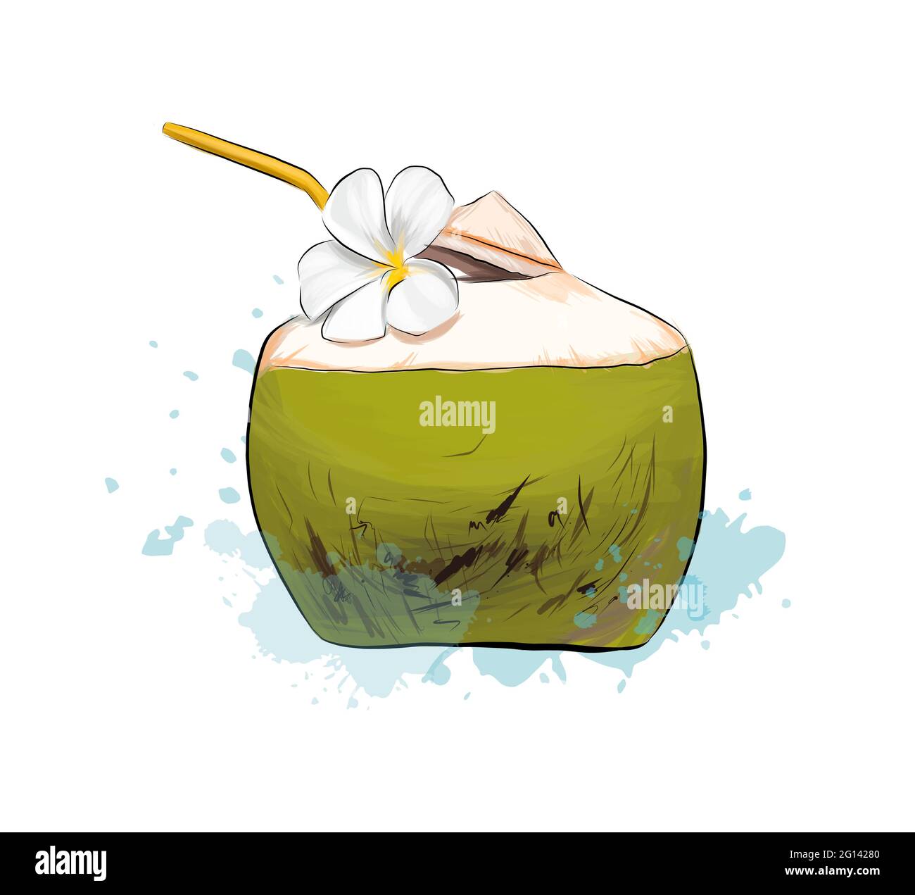 Fresh coconut tropical cocktail with straws from splash of watercolors