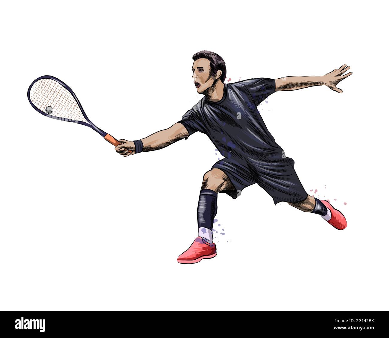 Abstract young man does an exercise with a racket on her right hand in