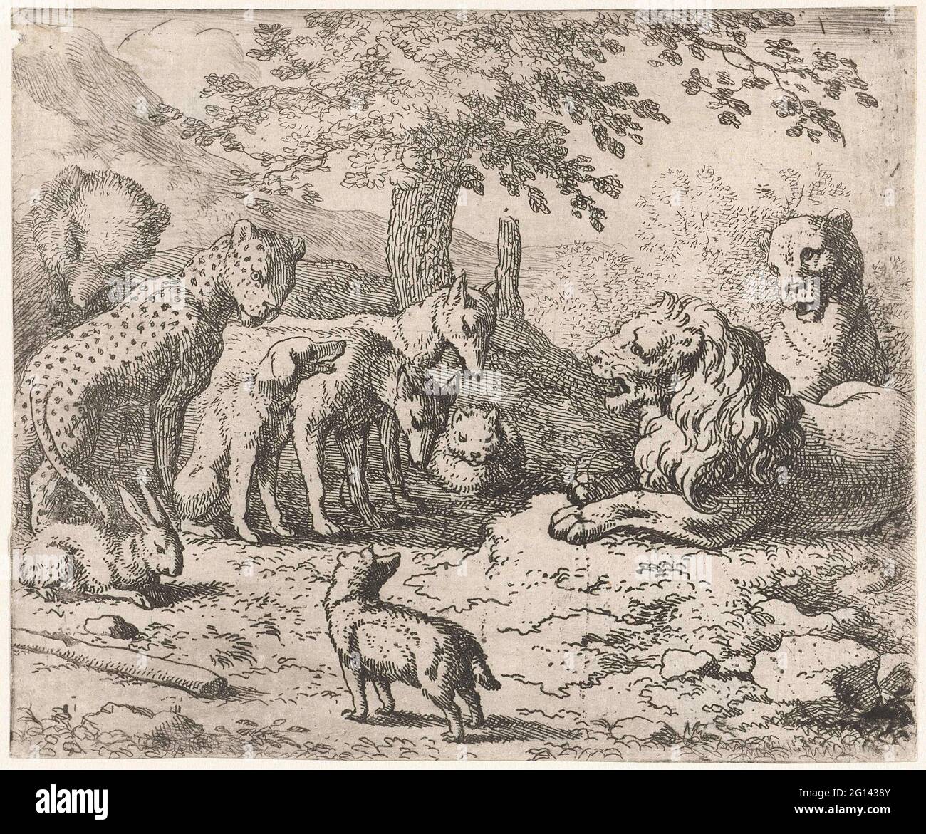 Consulting of King Nobel; Reinaert de Vos. The lion, king Nobel, deliberates with the other animals, including Fyrapel the leopard, bruun the bear and cuwaert the rabbit. Stock Photo