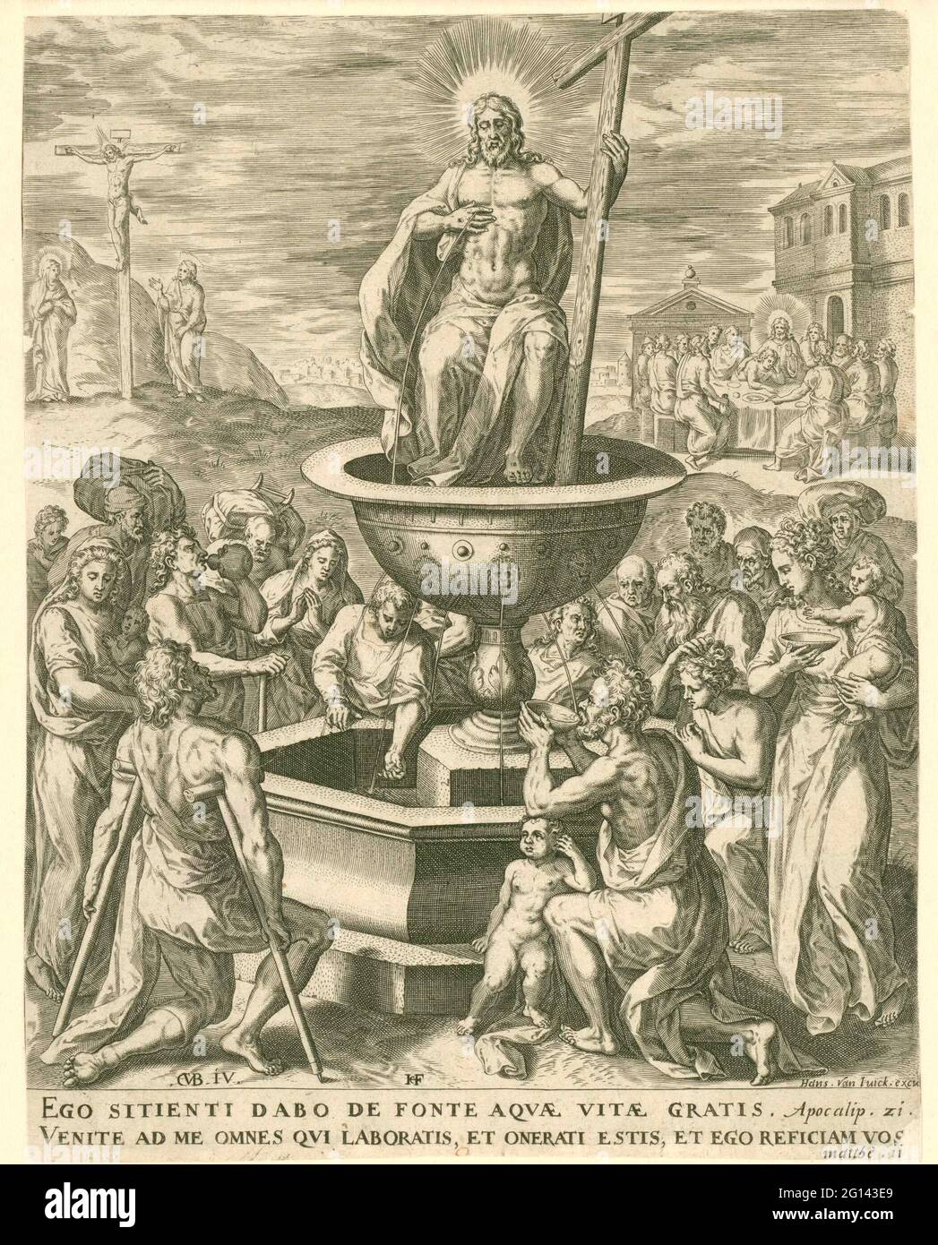 Christ as a fountain of life. Christ, with cross, is on top of a