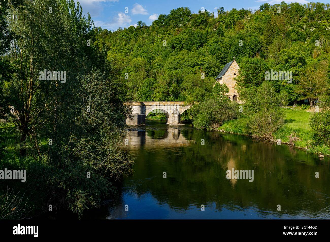 The historic bridge over the Werra River at Creuzburg in the Werra ...