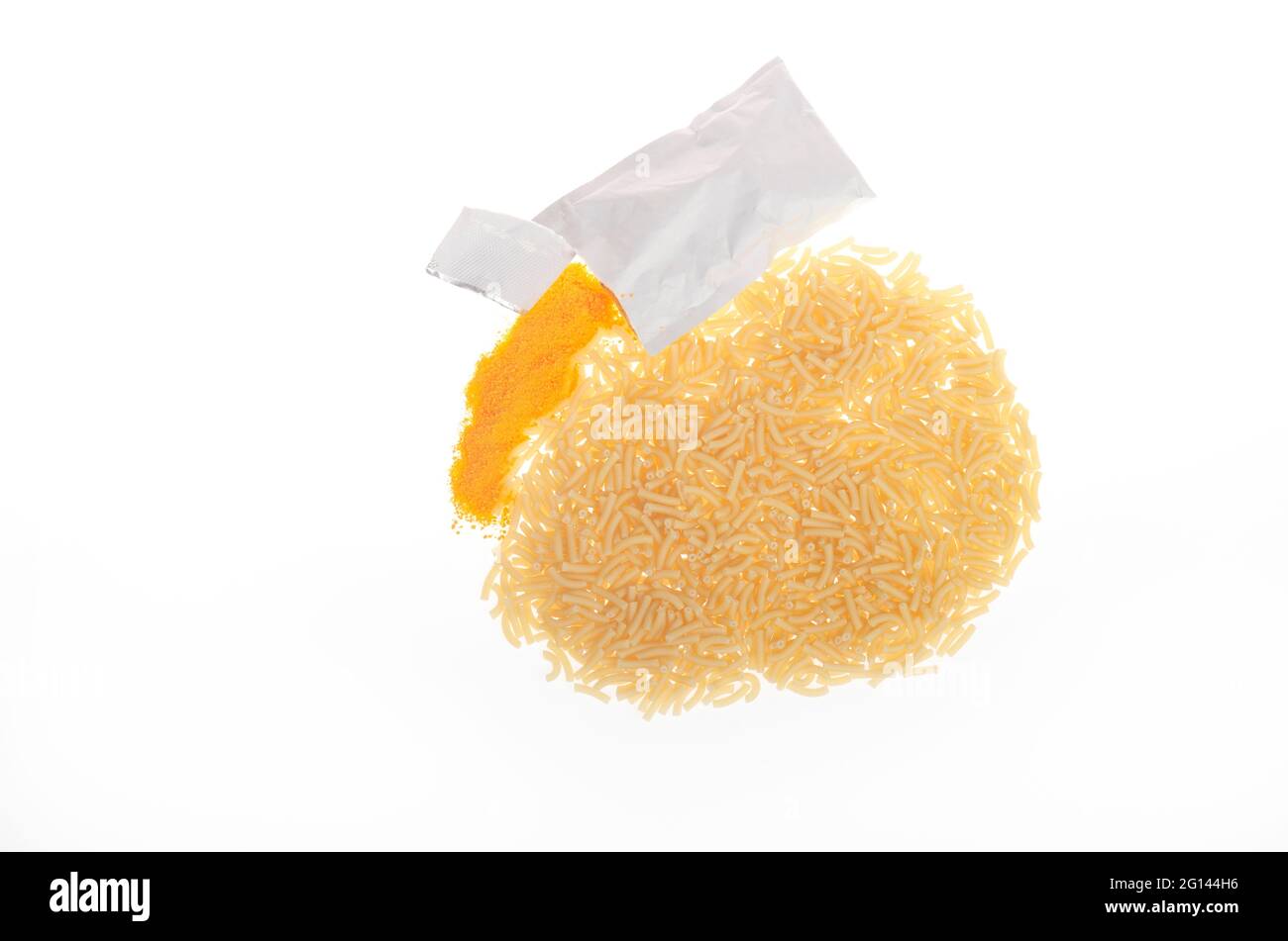 Macaroni & Cheese package mix on white showing elbow pasta and packet of cheese mix Stock Photo