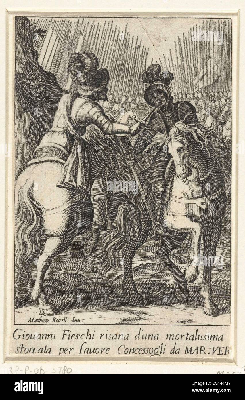 The miracle of Giovanni Fieschi. A rider is inserted into the face by another rider with a sword. A junk spear riders in the background. Under the representation two lines of Latin text. Stock Photo