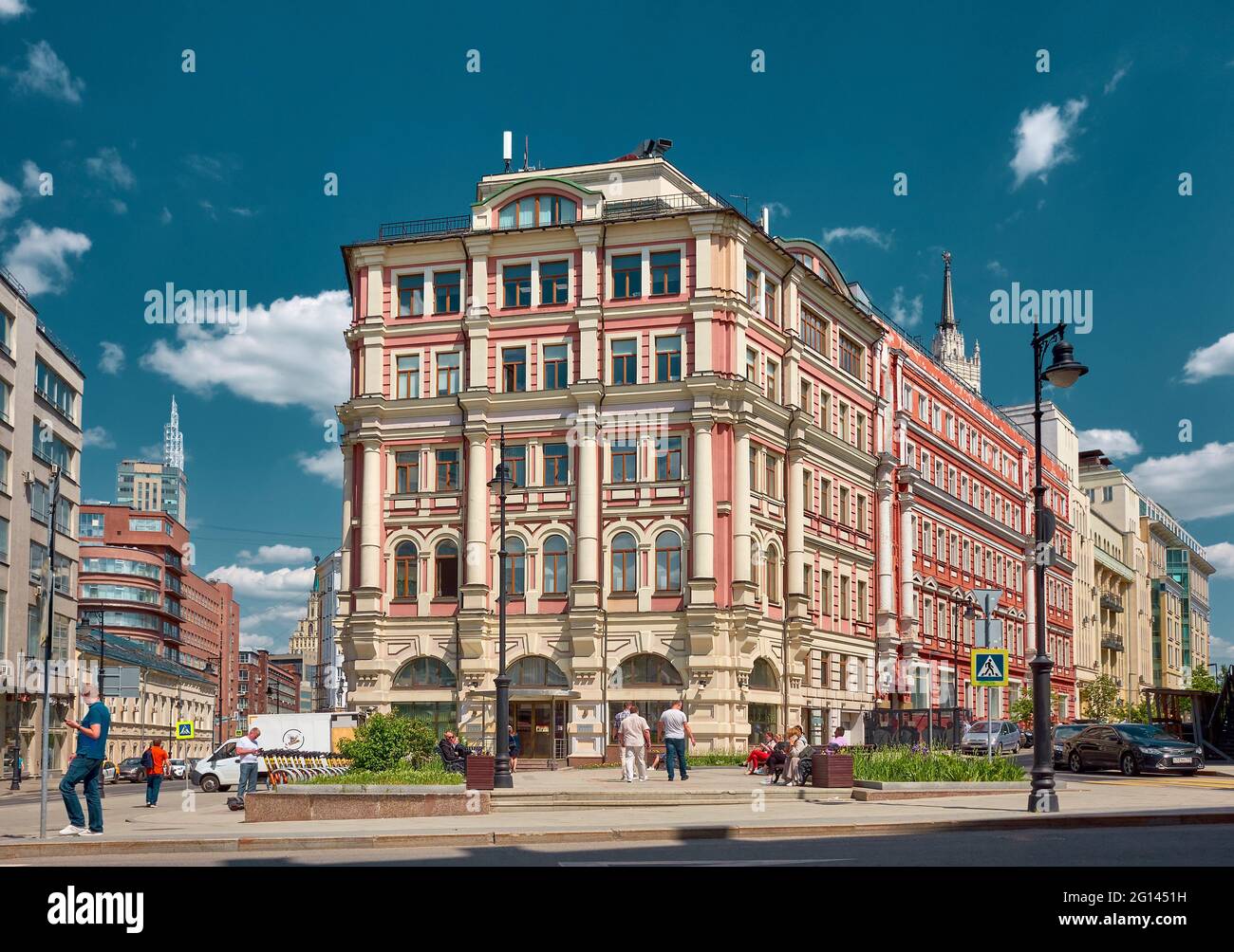 View of the modern Myasnitskaya Plaza business center, built in 2003 in the old style: Moscow, Russia - May 26, 2021 Stock Photo