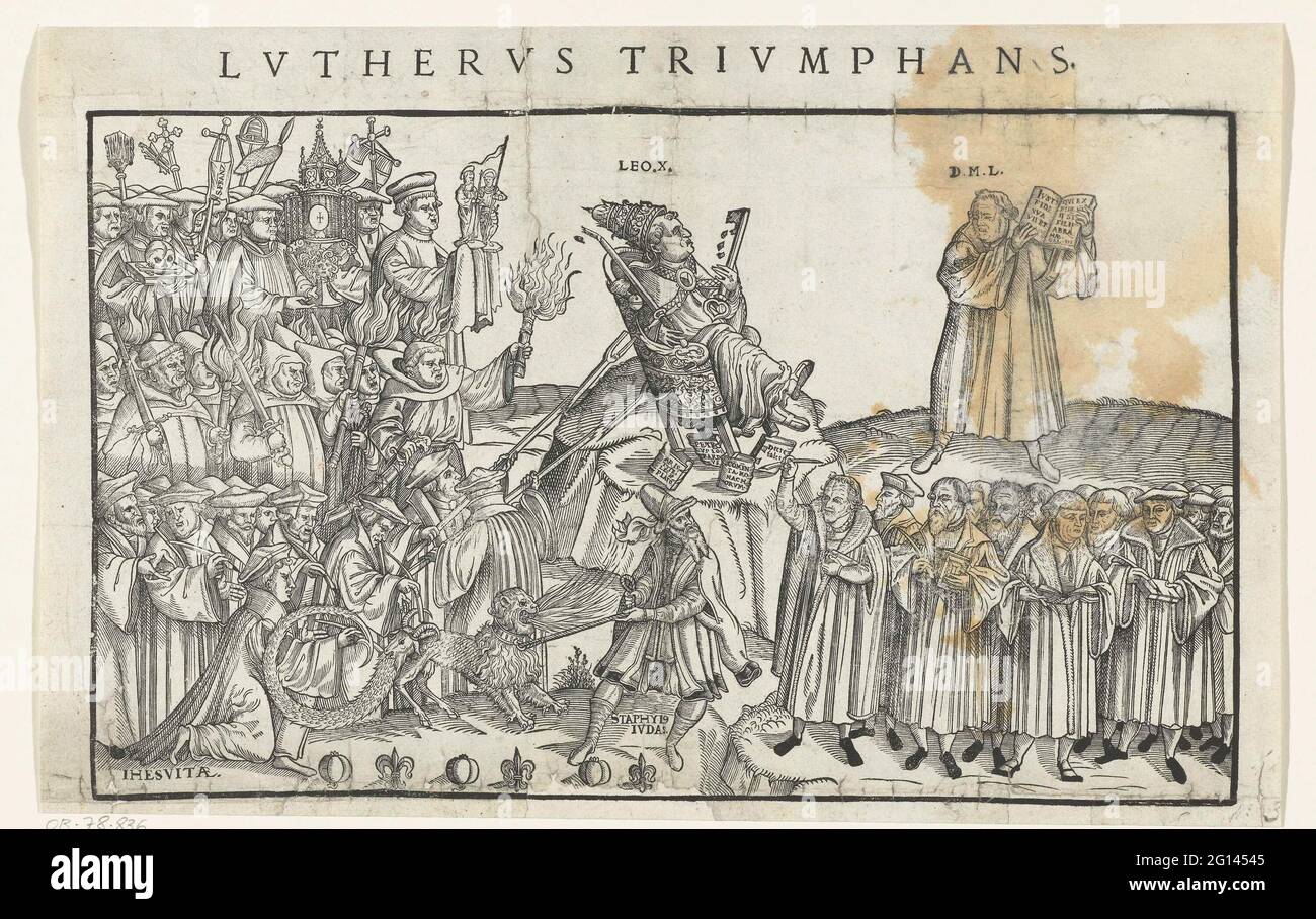 Triumph of Luther; LVHTVS trivmphans. Triumph by Luther, approx. 1520-1550. The church terrorists led by Luther in contrast to the Catholics led by Pope Leo X. Luther standing on a hill with the Bible in the hands, at his feet an army of reformers including Melanchton and Hus. On the left the constituent forces of all kinds of military exponents from the Roman church: Jesuits, monks with torches, gradors with writing pins and armed with liturgical objects. Central De Pope sat on a shaky throne that is about to fall. In the foreground Friedrich Stapellage (Staphylus), a prostestant converted to Stock Photo