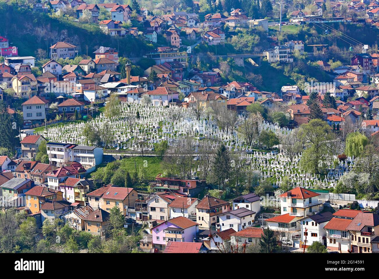Aerial view over the cemetery of the victims from the Bosnia - Serbia war, Sarajevo, Bosnia and Herzegovina. Stock Photo