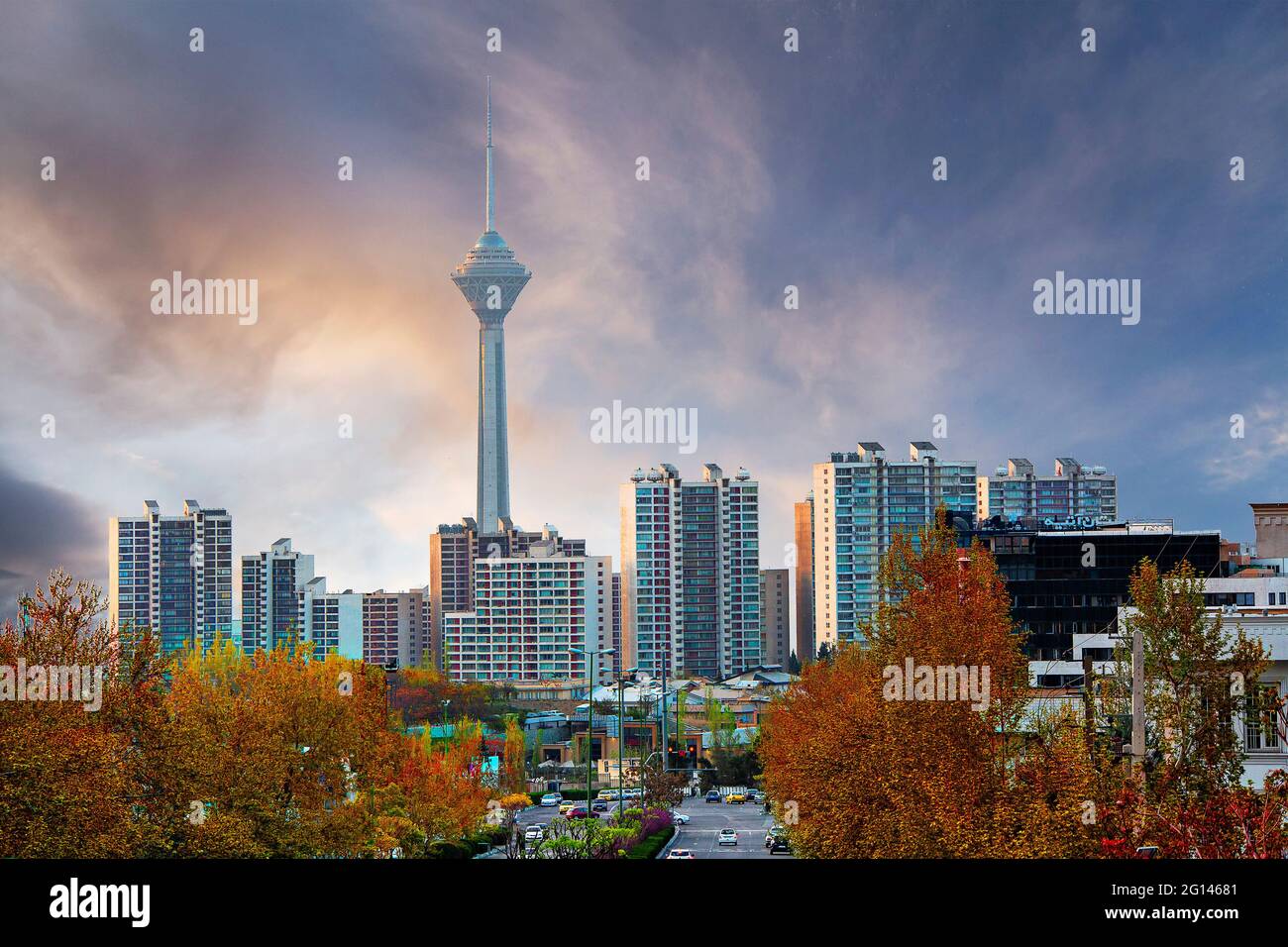 Skyline of Tehran with Milad tower in the background in Iran Stock Photo