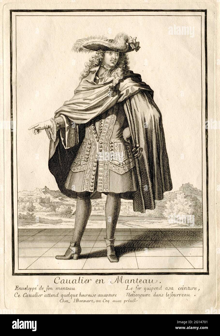 French nobleman with shoulder jacket; Cavalier and Manteau .. French  nobleman, seen from the front, dressed in a loose shoulder jacket over his  justaucorps. On his allonry capsel a hat with a