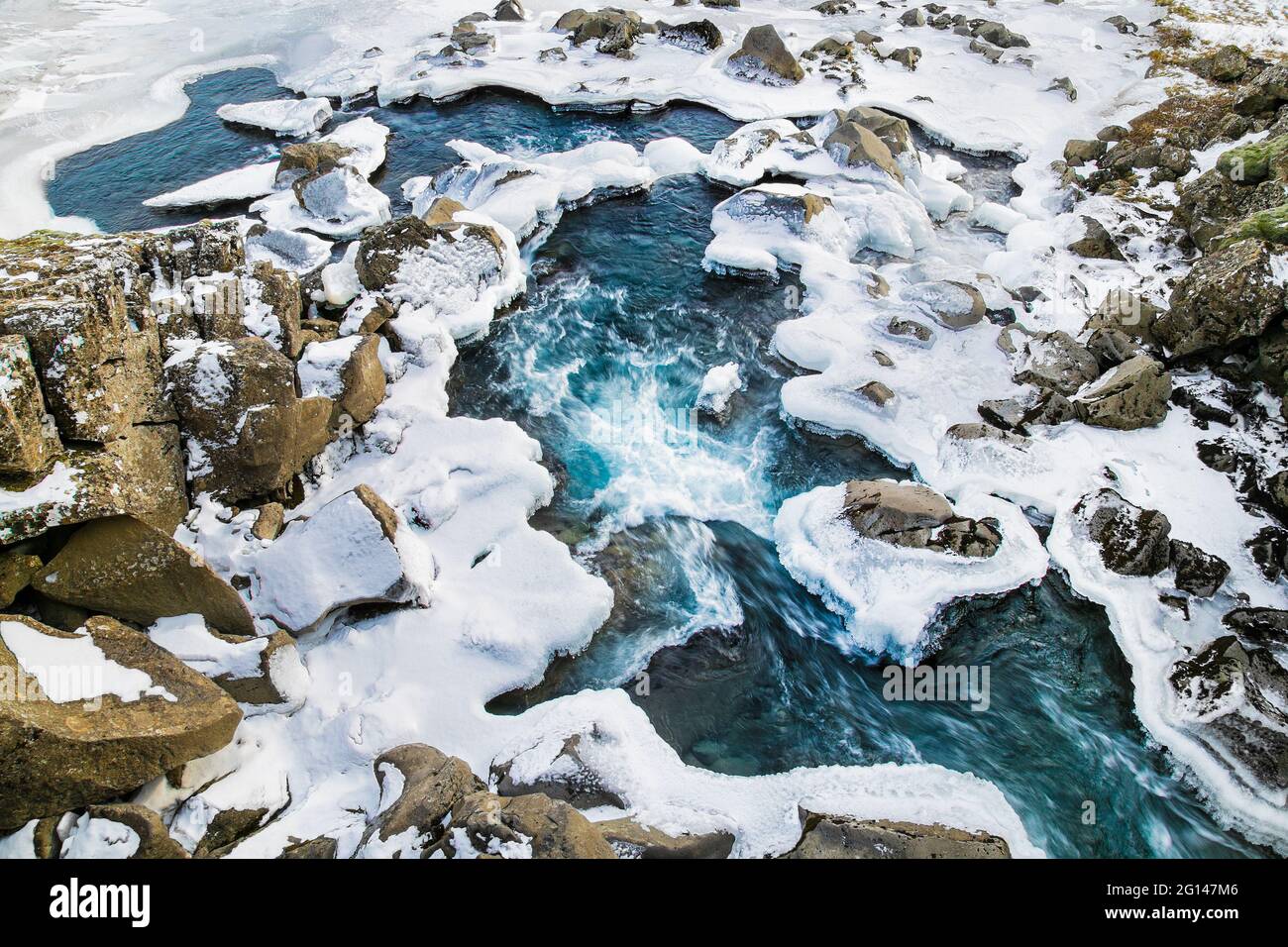 Waterfalls of Thingvellir National Park in winter time,  Iceland. Stock Photo