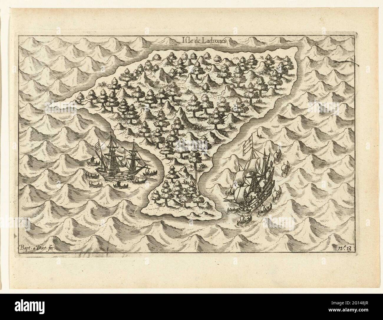 The two ships at one of the ladries or Mariana islands, 1600; Isle the ladrones. The two ships at one of the ladrones or Mariana Islands, September 15, 1600. Part of the illustrations in the report of the journey to the world through Olivier van Noort in 1598-1601. No 13. Stock Photo