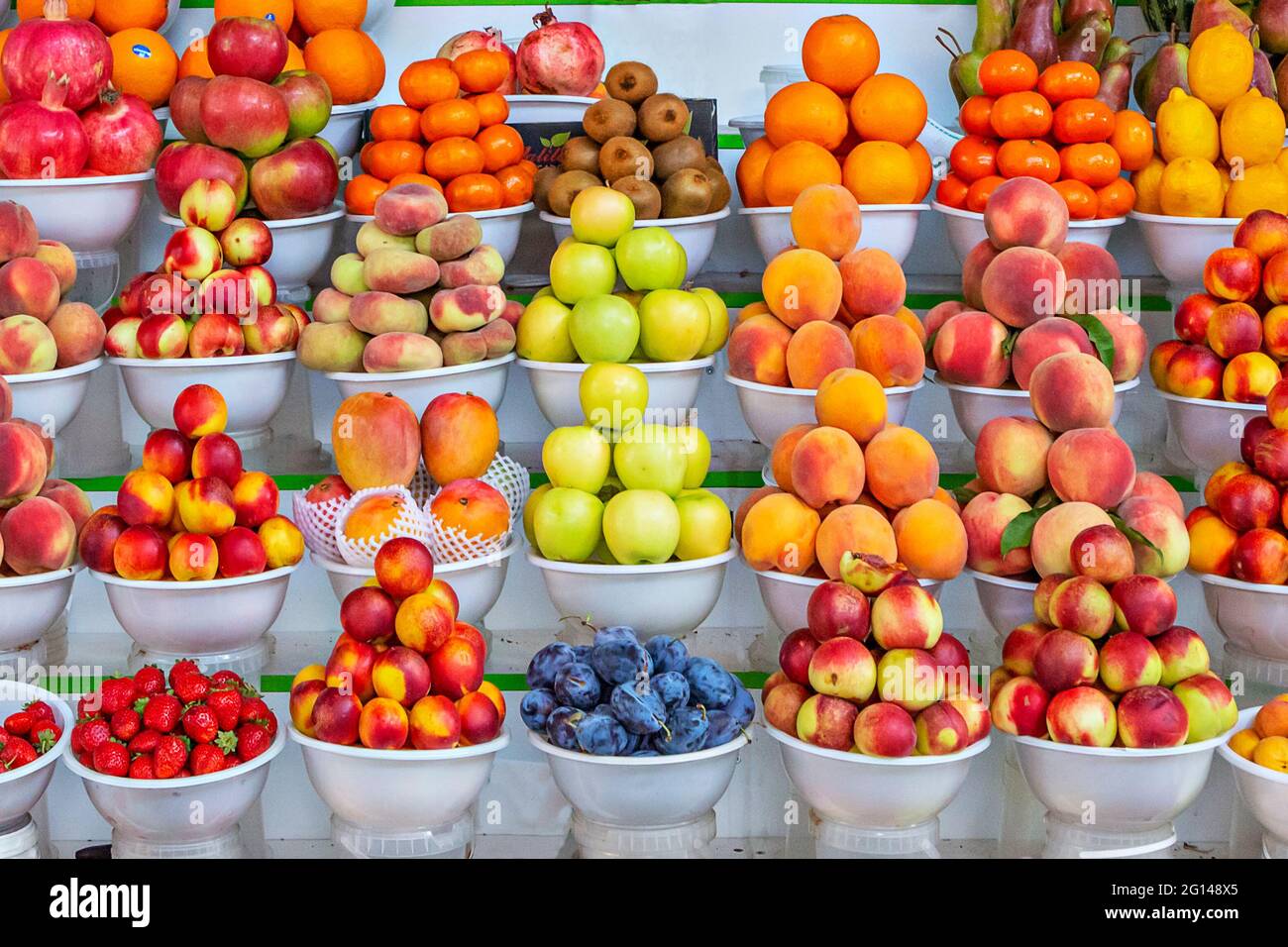 Display of fruits in the market in Almaty, Kazakhstan Stock Photo
