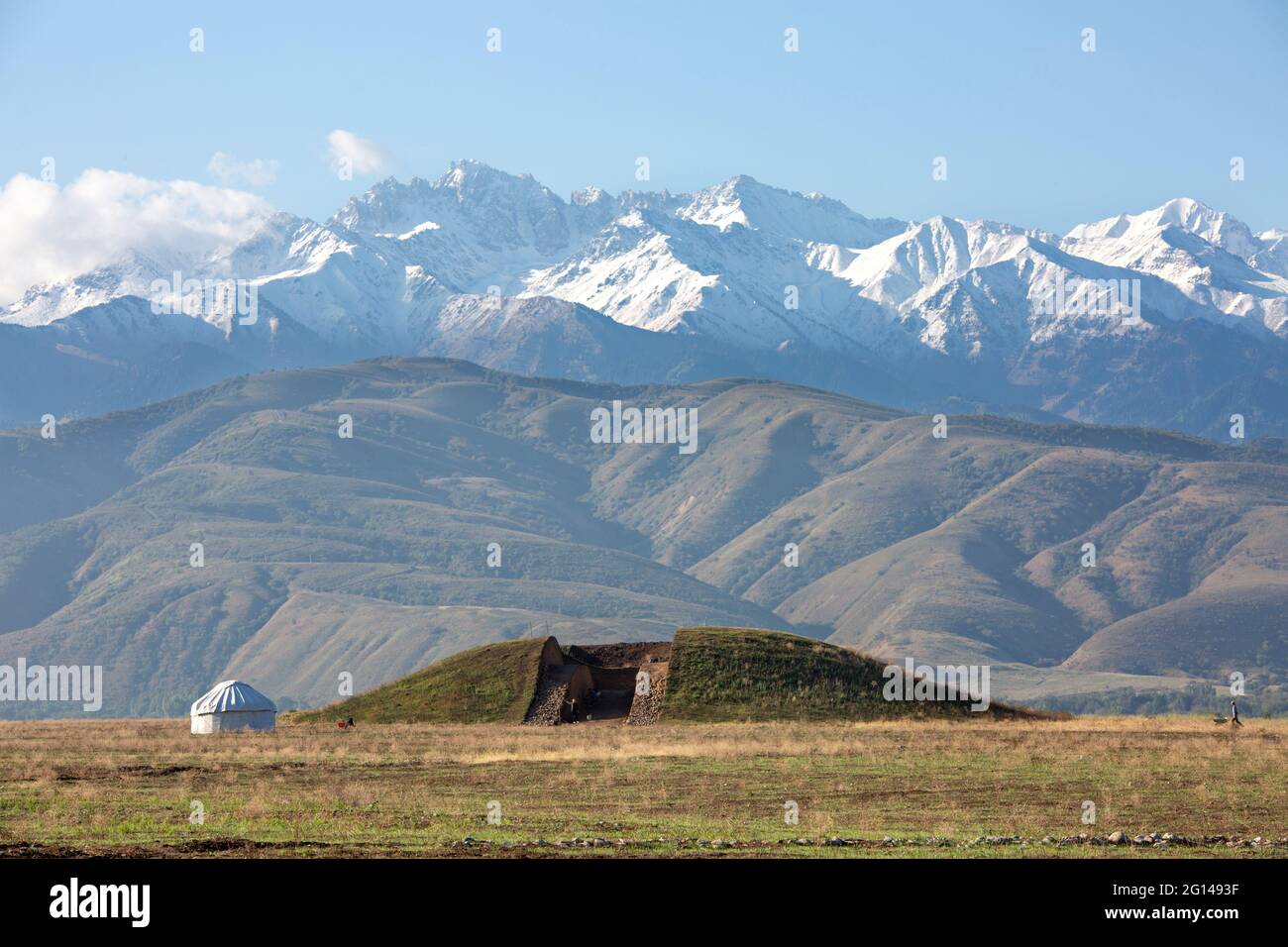 Archaeological excavations in a burial mound near the city of Almaty and a nomadic yurt, Almaty, Kazakhstan Stock Photo