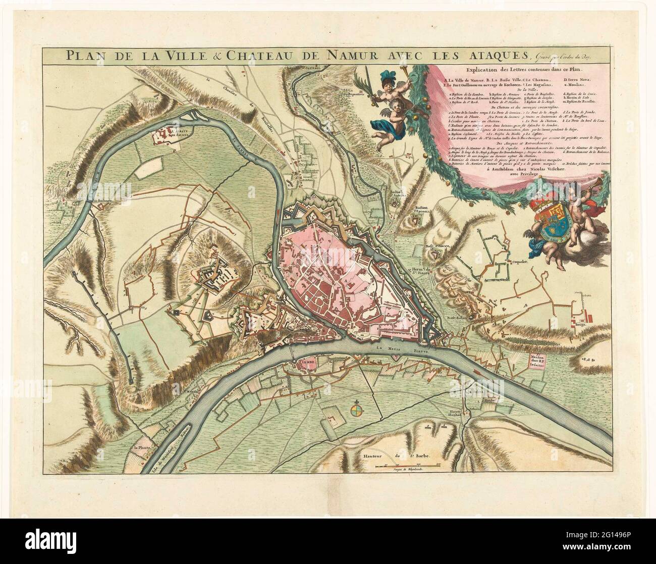 Map of the city names with the castle, besieged by the French army, 1692; Plan De La Ville & Chateau De Namur AVEC Les Ataques. Map of the city names with the castle, besieged by the French army, 25 May - 30 June 1692. At the top right The legend A-E, A-R and 1-10 in French, with Putti and the arms of the king of France. Under, right from the center, a crankcase: 300 forgot the Rhynlande. Stock Photo