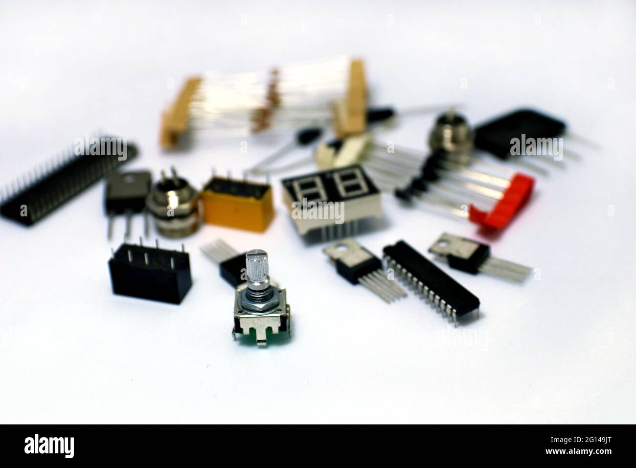 Different electronic parts. Selective focus. Stock Photo