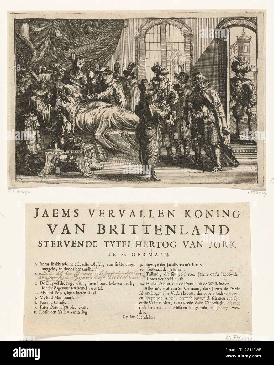 Cartoon at the death of Jacobus II, 1701; Jaems expired king of British dying Tytel-Duke by Jork in St. Germain. King Jacobus II on his death bed, December 16, 1701. Doctors and courtiers are located around the king's bed, left a Turkish physician and Louis XIV with a shredder sprayer to pure the king. To the right of the bed discusses a group of hovelings including confessor Father Bouru the situation. On the right in the doorway a French Bode from West Indies, with turban, wooden leg and stool. Print and a text sheet with the title and the legend 1-12. Stock Photo