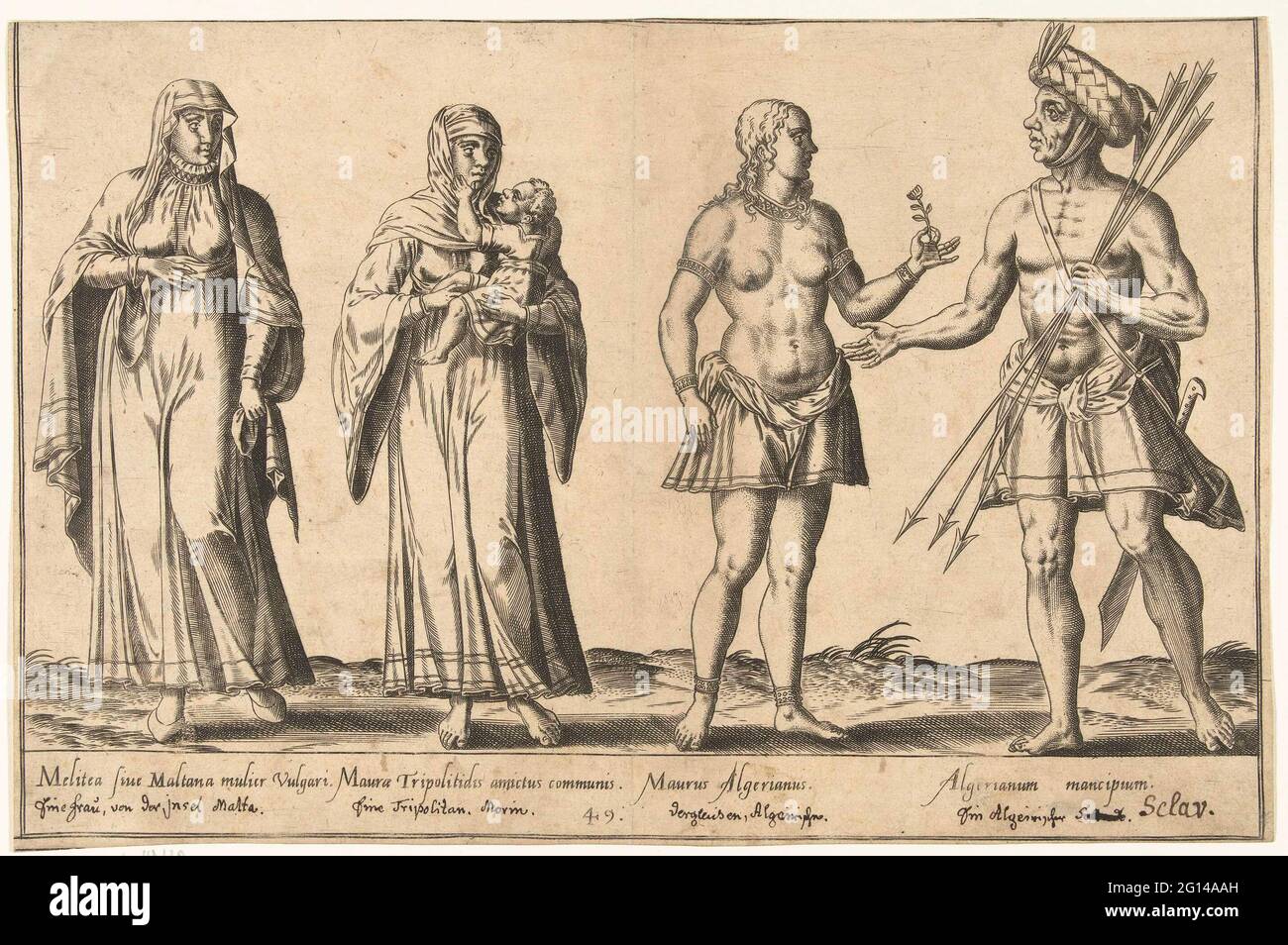 Clothing from Mediterranean peoples around 1580; Traditional clothing from all over the world around 1580. Print from a book about sixteenth-century clothing around 1580. Three women and a man from Mediterranean countries. All four are dressed differently. From left to right: a Maltese woman, a woman and child of Tripoli, an Algerian woman with a flower in her hand and an Algerian slave with arrows in his hand. The print has a Latin caption. Stock Photo