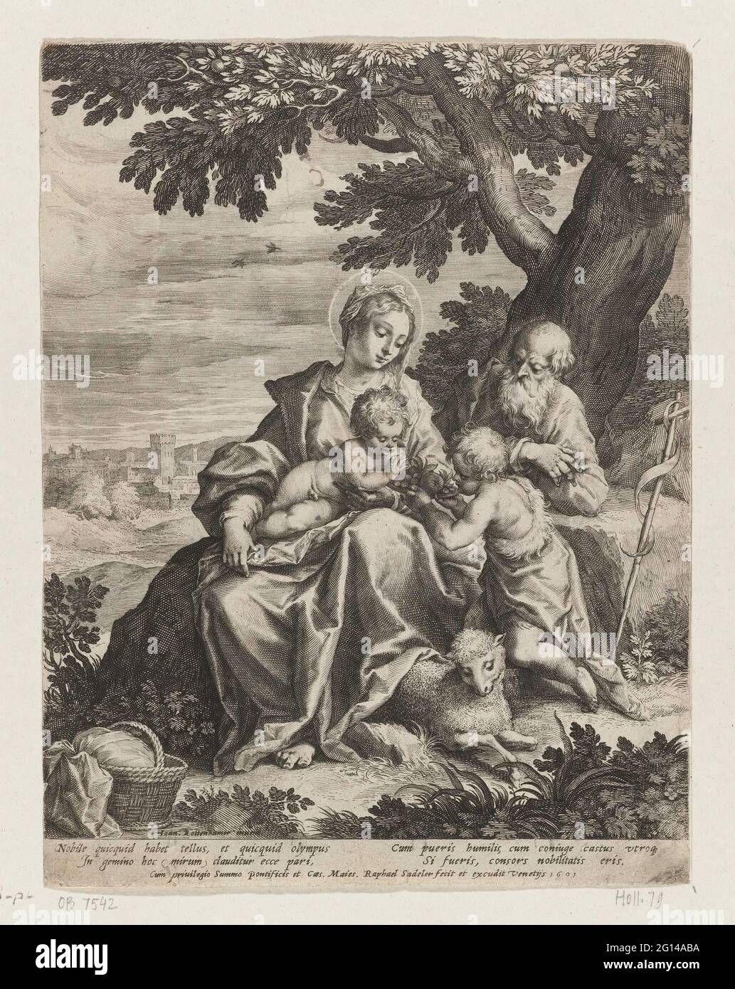 Holy Family with John the Baptist in a landscape. Maria is in front of ...