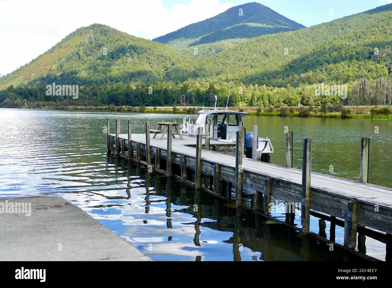 boat dock at Lake Nelson on a quiet morning Stock Photo
