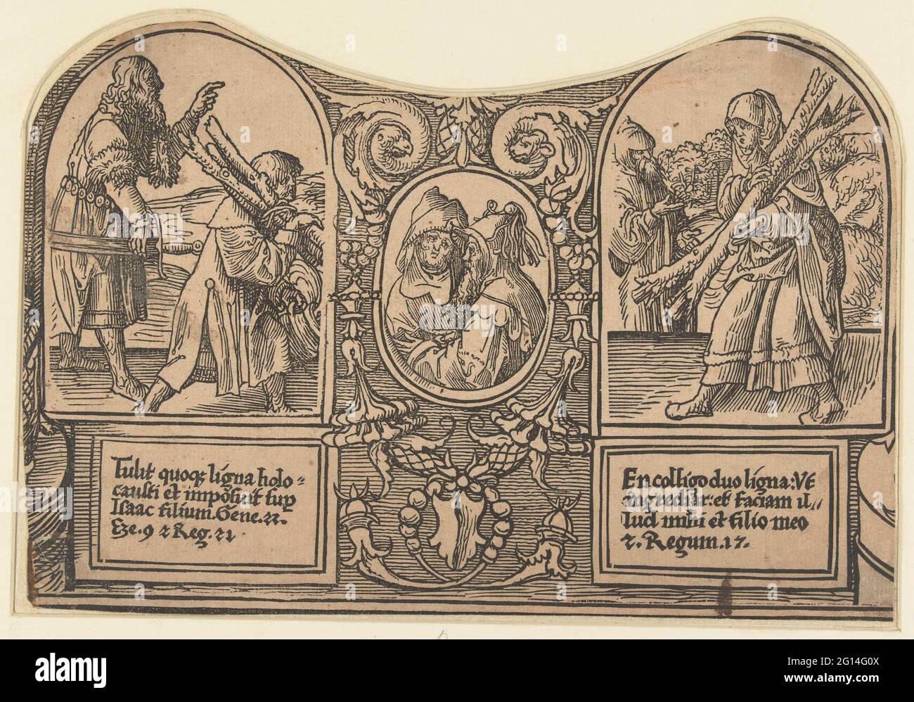 Abraham with Isaac and the widow of Zarfath; The round passion. Lower part of a leaf, from series of twelve prints. Printed of multiple blocks. Two scenes from the Old Testament, Cross Behaves Prefigurations: Left Abraham with Isaac that carries the sacrifice, with references to Bible texts under, right Elijah and the widow of Zarfath that trokehout carries, with references to Bible texts. Two prophets in the middle. Stock Photo