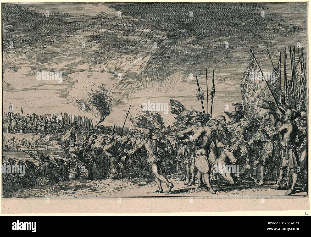 Little ones from civilians to a French surrender, 1672. Presentation of the atrocities operated by the French troops in Dutch villages in the year 1672. Kneeling in the performance, outside the city, several people for a French surroundings and his officers. Stock Photo
