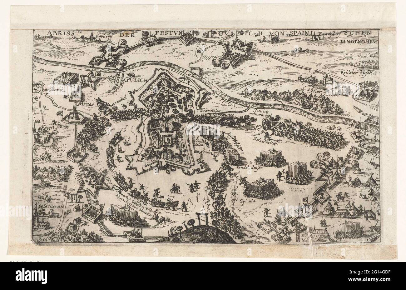 Conquest of Gulik, 1621; Abriss der Festung Gulich von Spainischen Eingenomen. Siege and conquest of Gulik by the Spanish army under Count Hendrik van den Bergh, 1621-1622. Plan of the city with the castle in the surrounding country. With advancing and retracting armies. Stock Photo