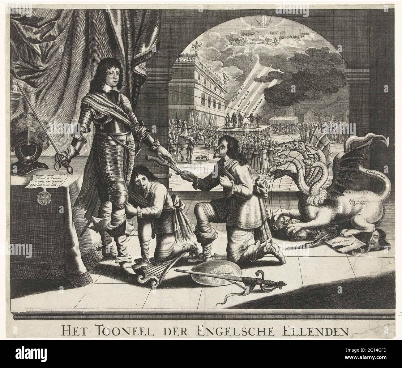 Allegory on King Charles II of England, ca. 1651; The stage of the English  misery. Allegory on King Charles II of England, ca. 1651. Karel is affected  by Ireland and Scotland and