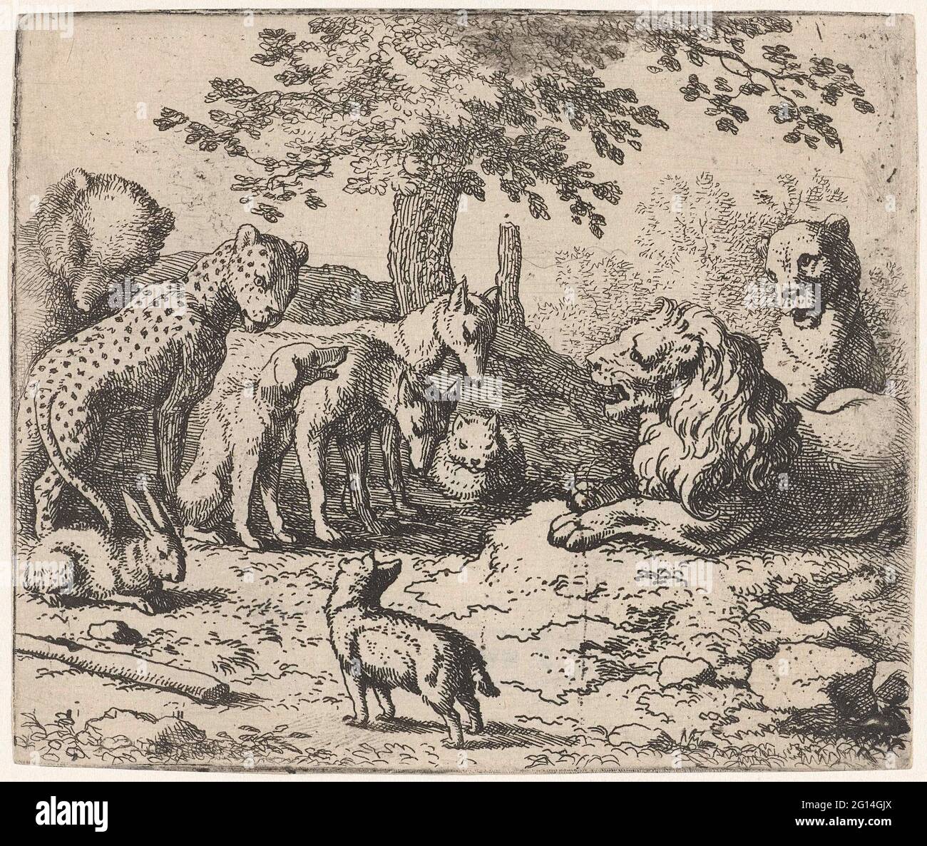 Consulting of King Nobel; Reinaert de Vos. The lion, king Nobel, deliberates with the other animals, including Fyrapel the leopard, bruun the bear and cuwaert the rabbit. Stock Photo