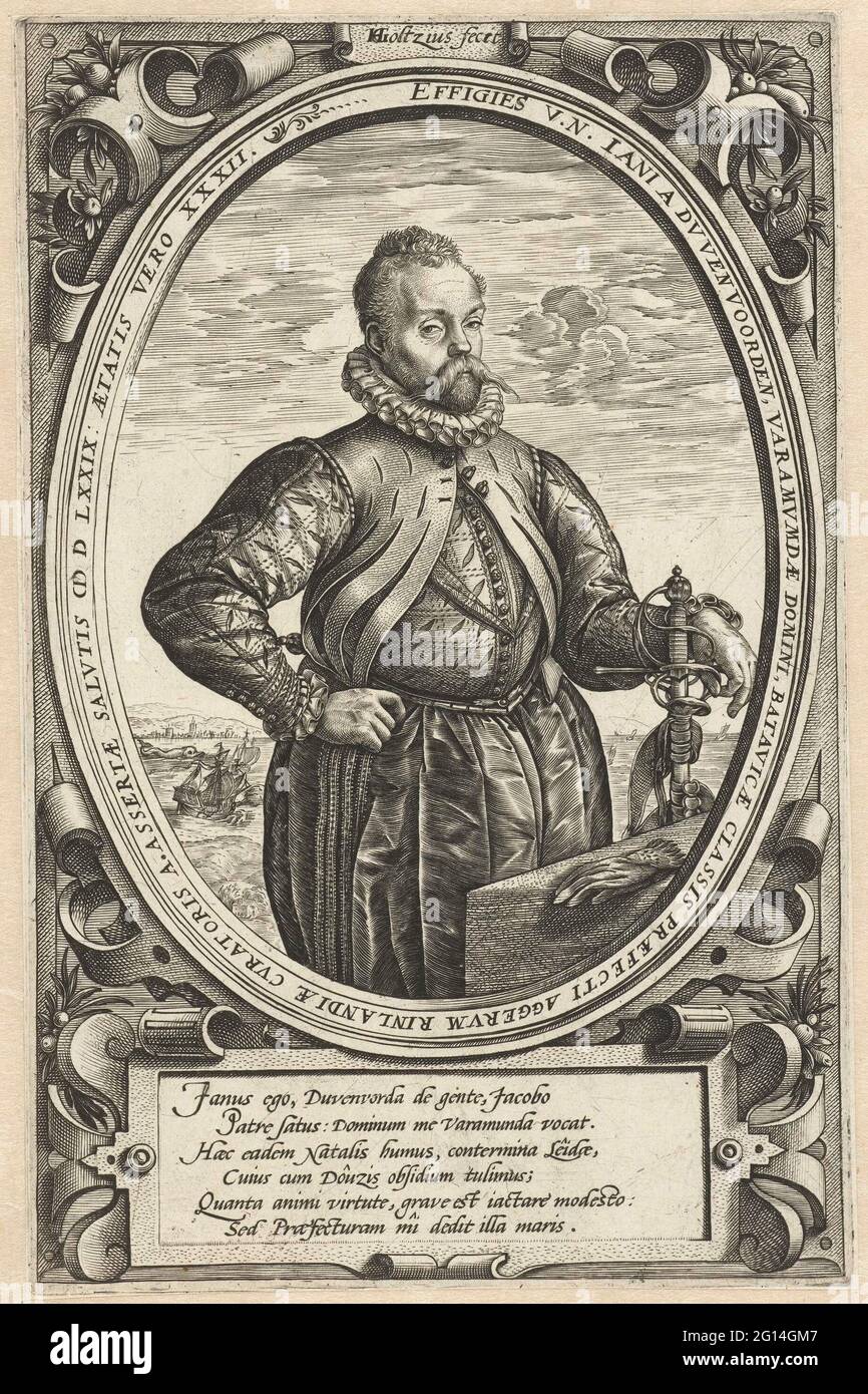 Portrait of Jan van Duvenvoorde at the age of 32. Portrait of Jan van Duvenvoorde, Lord of Warmond, one of the leaders of the resistance against the Spaniards. Pictured from knee height, ships in the background. The portrait is placed in an oval, around a Latin text. On this print is Van Duvenvoorde 32 years old. Stock Photo