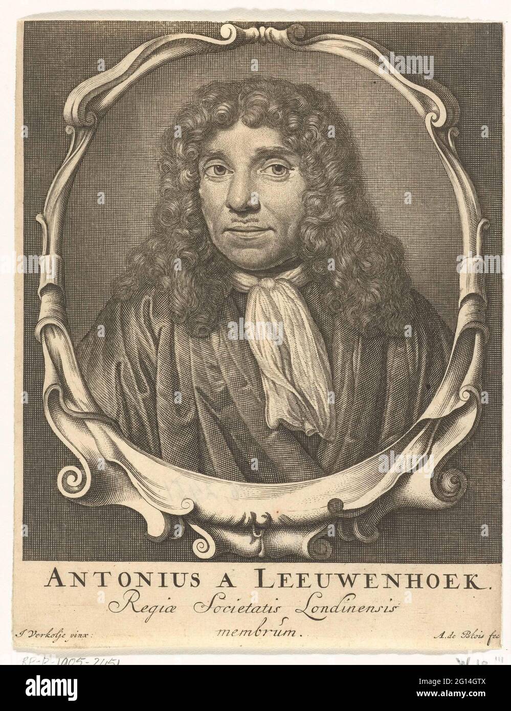 Portrait of Antonie van Leeuwenhoek; Antonius a Leeuwenhoek Regiae Societatis Londinensis. Portrait of Antonie van Leeuwenhoek, bust in oval picture frame with curl ornaments. Stock Photo