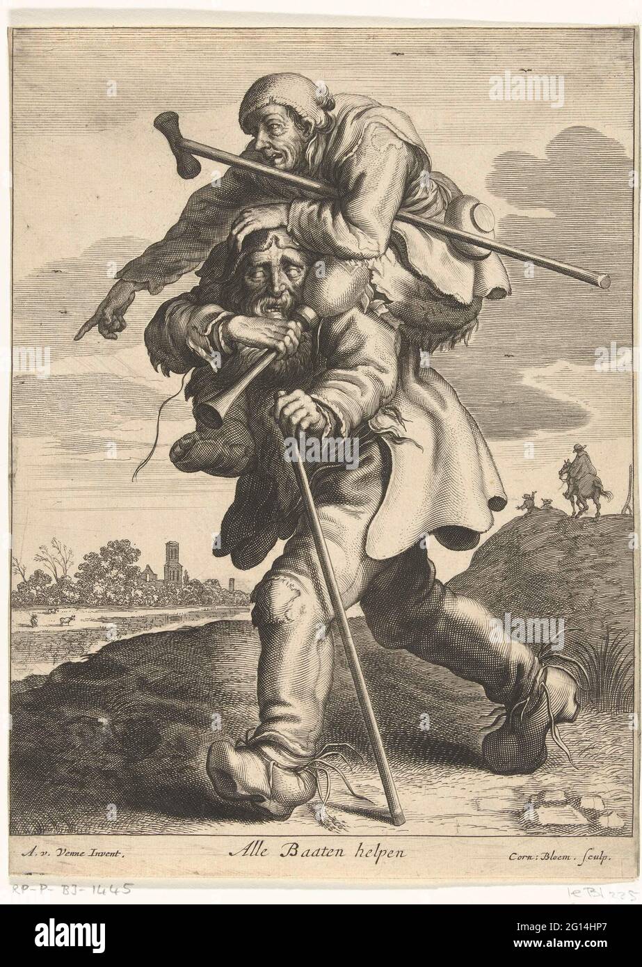 The lame and the blind. A blind man wears a lame man on his back. The