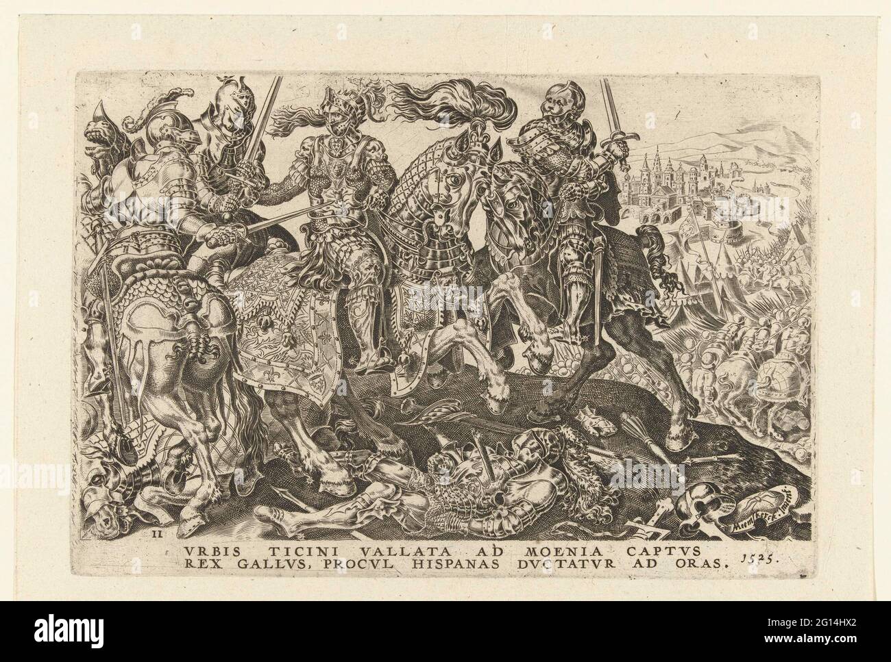 Prisonant of French I during the Battle of Pavia, 1525; Victories of Charles V; Divi Caroli. V. Imp. opt. Max victoriae, ex multis praecipuae. King French I captured during the Battle of Pavia, February 24, 1525. Caption in two Latin lines. Stock Photo