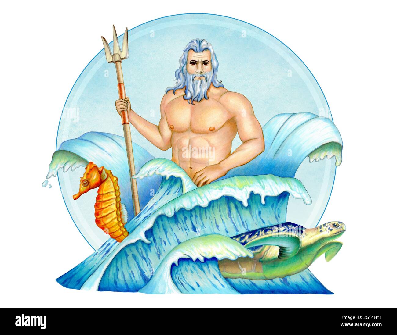 Poseidon, greek god of the sea, in a composition with waves, a seahorse and a sea turtle. Mixed media illustration. Stock Photo