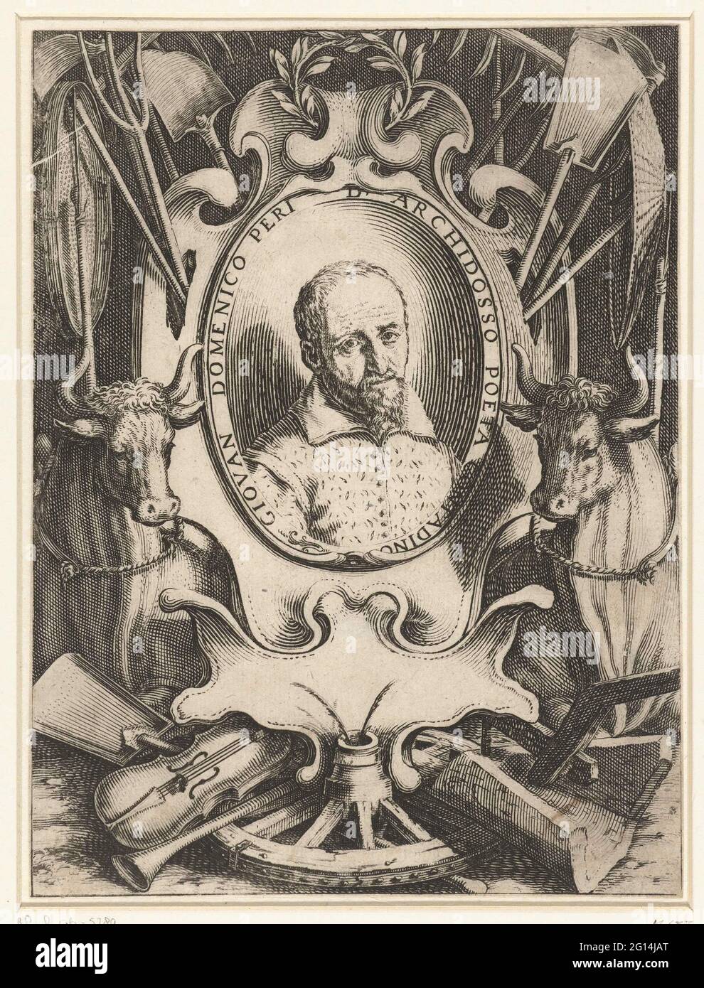 Portrait of Giovanni Domenico Peri. Bust portrait of Giovanni Domenico Peri.  In oval with Latin peripheration, around it an ornamental border, two oxen,  agricultural tools and musical instruments Stock Photo - Alamy