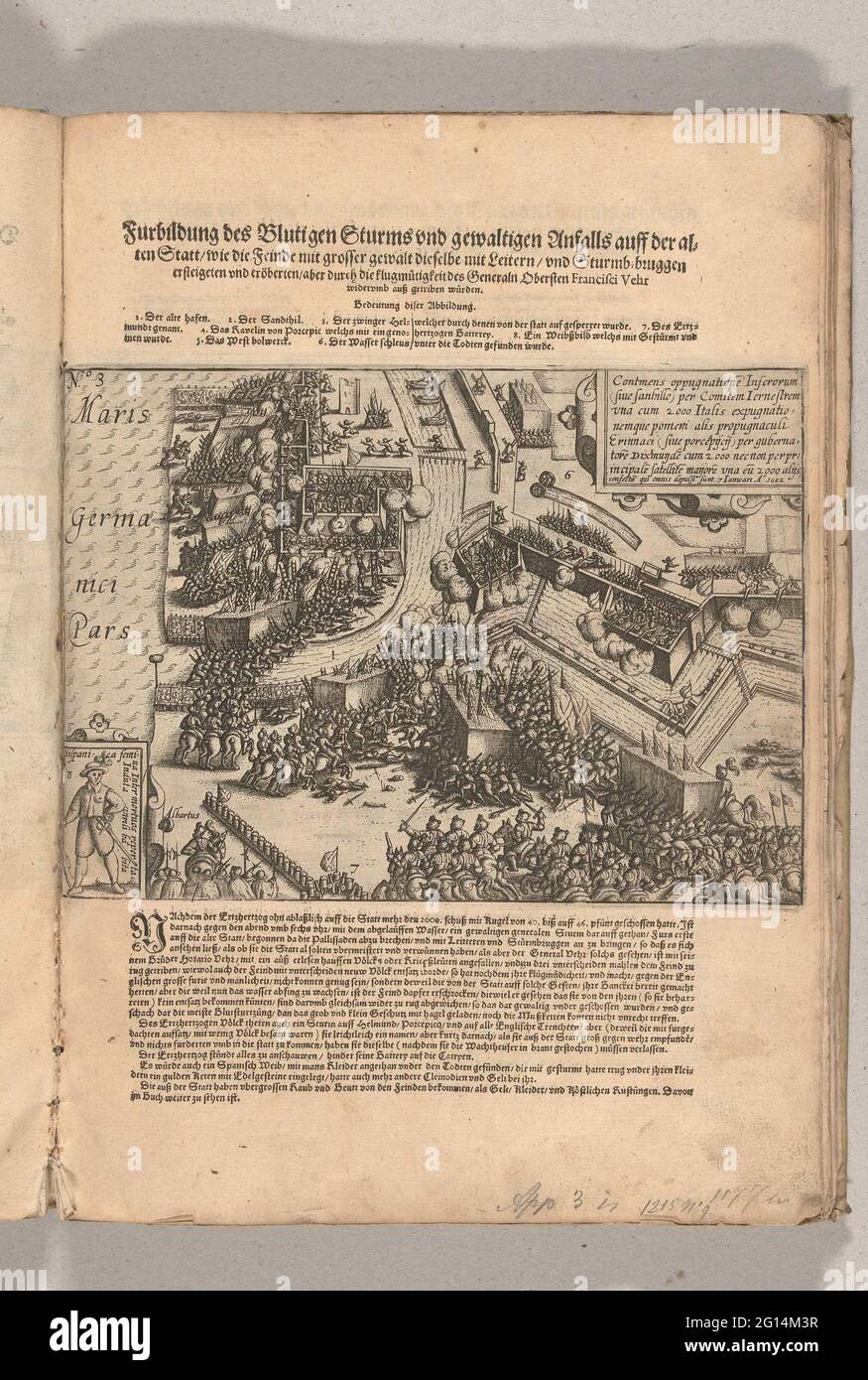 Siege in Ostend: storming of the fortress on January 7, 1602; Furbildung des Blutigen Sturms und Worldless Anfalls Auff der Alten Statt / Who that feinde Mit Grosser Issue Dieselbe MIT LeITERN / und Sturmb bridges Erstigeten und Eröberten / Aber Durch Die Flugmütigkeit des Generaln Obersten Francisci Vehr Widerumb Auss Getriben Würden. Heavy storming of the defenses of Ostend by the Spanish troops under Albrecht, January 7, 1602. Bottom left a commitment with a picture of a female Spanish soldier who was involved in the fighting, at the top right of a cartouche with inscription in Latin. Above Stock Photo