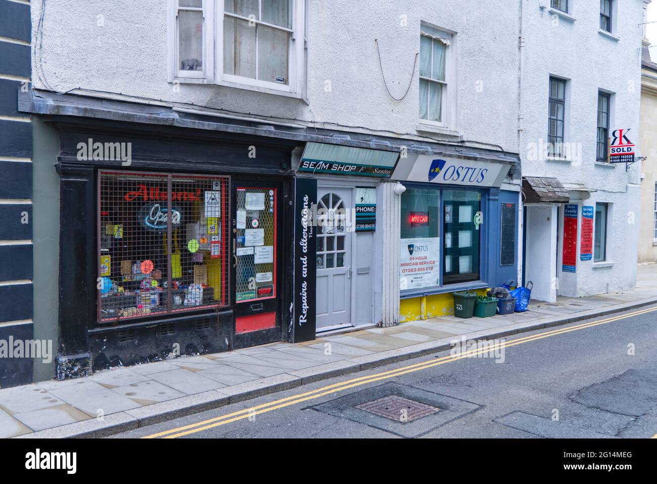 Early morning in Haverfordwest town centre, Summer 2021. Small shops