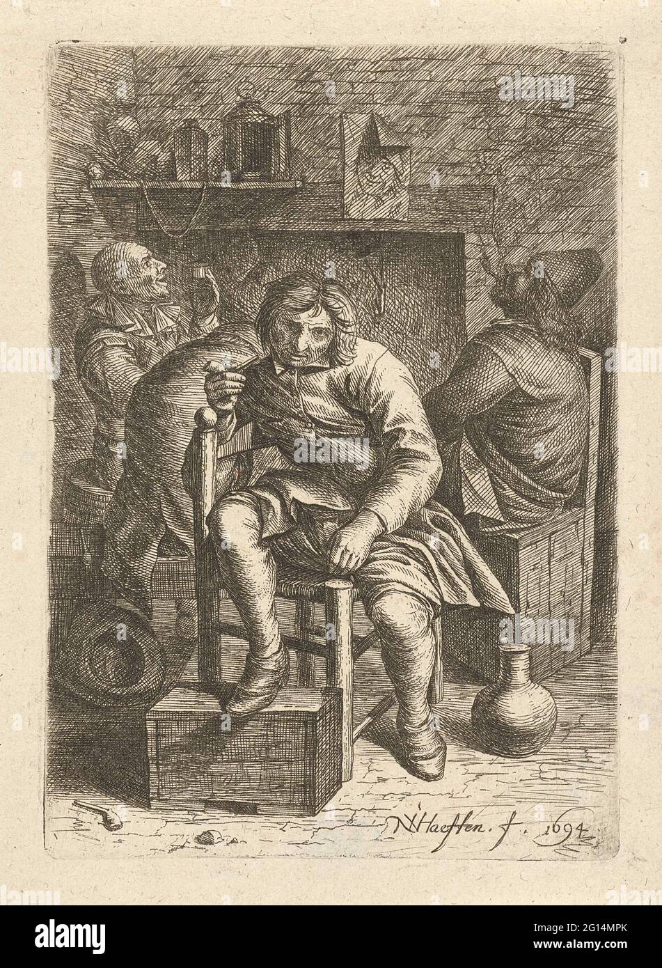 Smoking man. A winking smoking man on a chair in an interior. In the background three farmers by a fireplace. Stock Photo