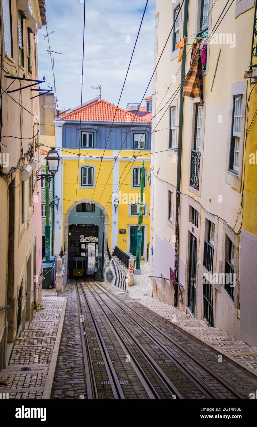 LISBON, PORTUGAL - MARCH 25, 2017: Funicular of Lisbon, Portugal. Old vintage buildings of city center Stock Photo