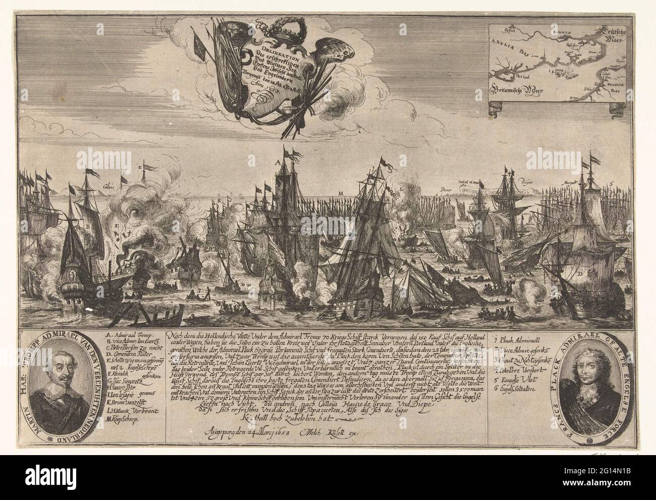 Three-day sea battle, 1653; Delination des Strengthslichen und Blutigen See Treffens Zwiep [n] den Holl. Und Engelendern VORGANGE [N] DEM 28 Feb. 1 & 2 Mart Anno 1653. Three-day sea battle for the English south coast in the first English war between the state fleet among Maarten Tromp and the English fleet among Robert Blake, 28 February - 2 March 1653. Central the sea battle, a winged cartouche in the air With the title, at the top right a bet with a channel card. At the bottom of a description of the events flanked by oval portraits of tromp and blake. Stock Photo