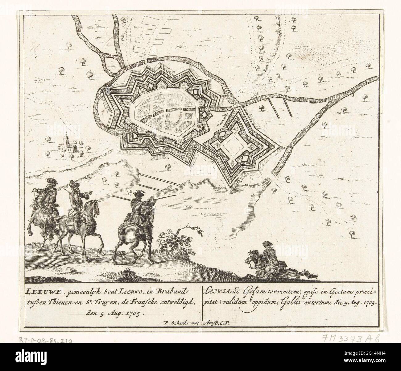 Map of Zoutleeuw, 1705; Leeuwe, in Braband between Thienen and St. Truyen, Dismissed the French, on Aug. 5: 1705. Map of the reinforcements around Zoutleeuw place, conquered on the French by the Allies, August 5, 1705. With captions in Dutch and Latin. Fragment of a large plate with nine performances of events from the year 1705 of the Spanish Succession War. Stock Photo