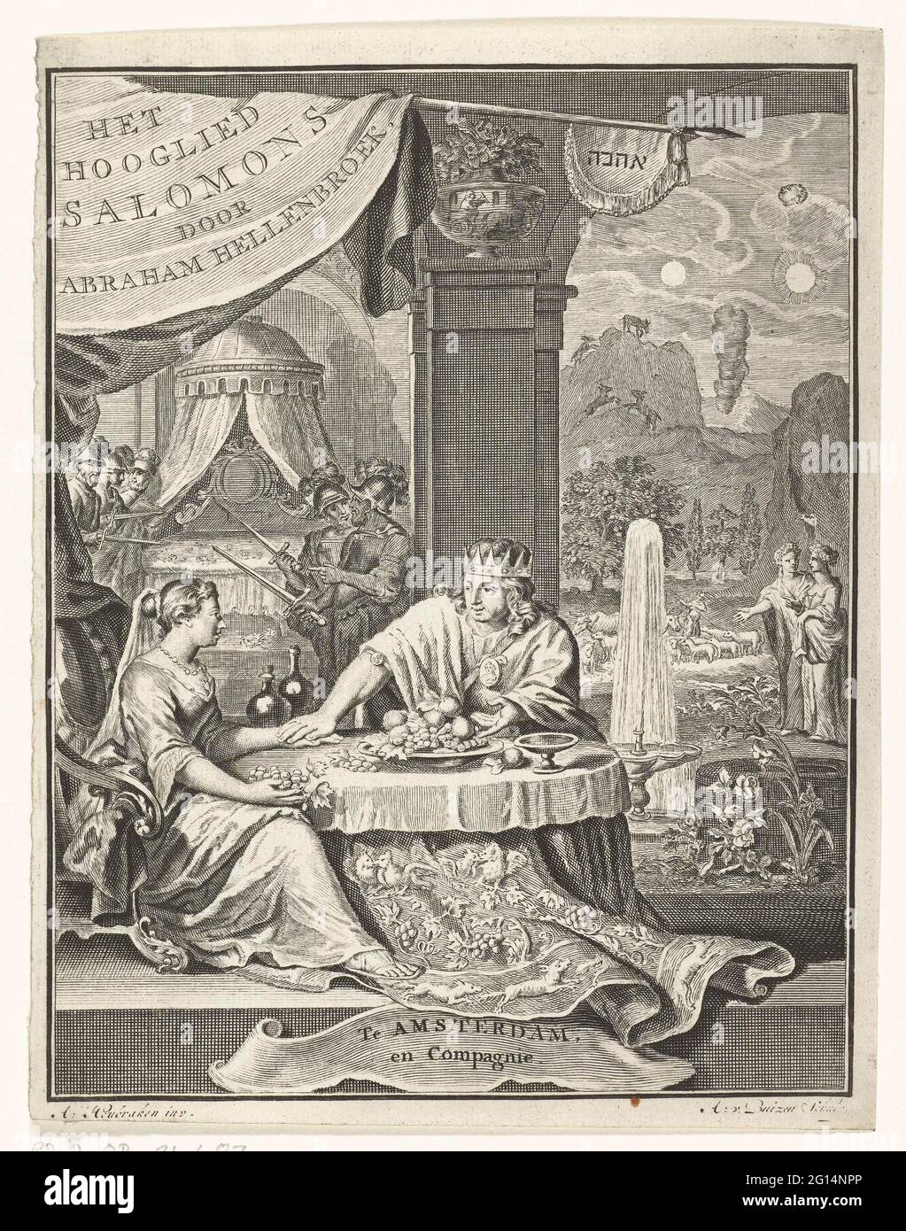 Solomon at the table with a loved one; Title page for: Abraham Hellenbroek,  the Hooglied Salomons, Amsterdam: 1737 .. Salomon is in his palace at the  table with a woman from his
