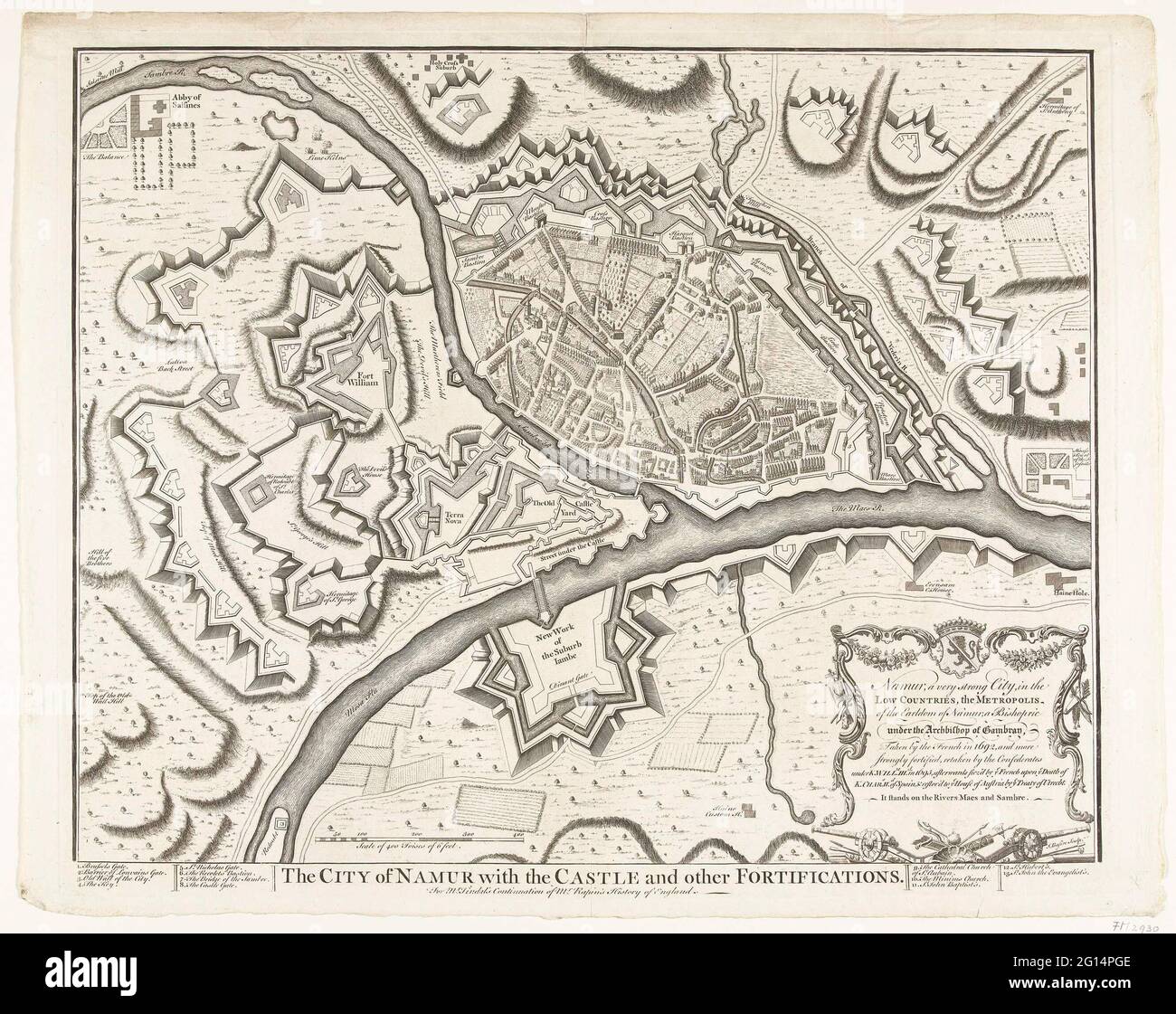 Plan of the city names with all reinforcements; The City of Namur With The Castle and Other Fortifications. Map of the city names with all reinforcements were laid by the French in 1692 and by the Allies under Willem III in 1695. At the bottom right a cartouche with a short history of the city from the conquest by the French in 1692 to the Peace of Utrecht in 1713. In the caption De Legenda 1-13 in English. Stock Photo