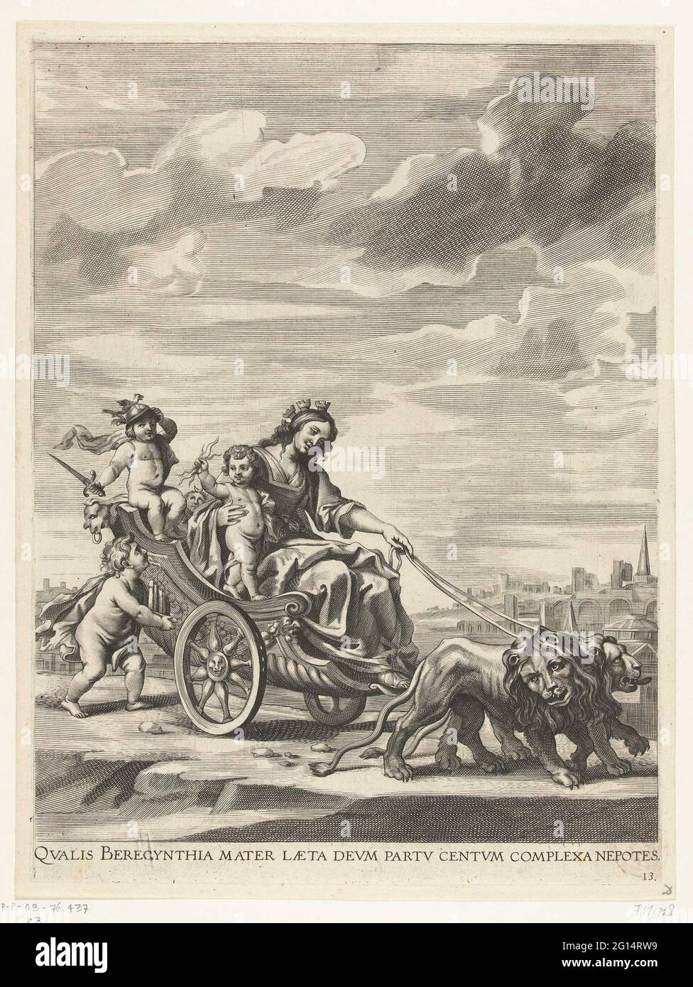 Allegory with the city mawn from Ghent in her chariot; entry from Ferdinand in Ghent in 1635 (no. 13); Qualis Berecynthia Mater Laeta Deum Partu Centum Complexa Nepotes; Tabula I. Adversae Partis. Cybele Ganda Opposita. Allegory with the city mawn from Ghent in her chariot drawn by lions. Allegory with Cybele as Ghent as the birthplace of Emperor Charles V. Performance at the center of the Triomf gate. Leaf No. 13 in a set of 42 plates that illustrate the publication of the description of the arrival of the Cardinal Infant Ferdinand in Austria in Ghent on January 28, 1635 as the new governor f Stock Photo
