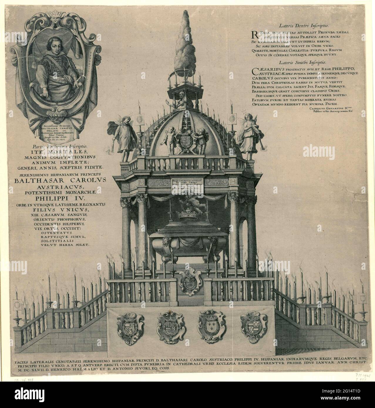 Catalark of the infant Balthasar in Antwerp (side view), 1647; Facies lateralis Cenotaphi Serenissimo Hispaniar. Principi D. Balthasari Carolo Austriaco Philippi IV. Hispaniar (...) Antverp. Erecti (...) MDCXLVII (...). Katafalk on January 1, 1647 founded in Antwerp in honor of Balthazar Karel Dominicus Lucas Philips, the son of King Philip IV died in October 1646. This print shows the monument of the side. At the top of the show two columns text in Latin and a prince portrait. Stock Photo