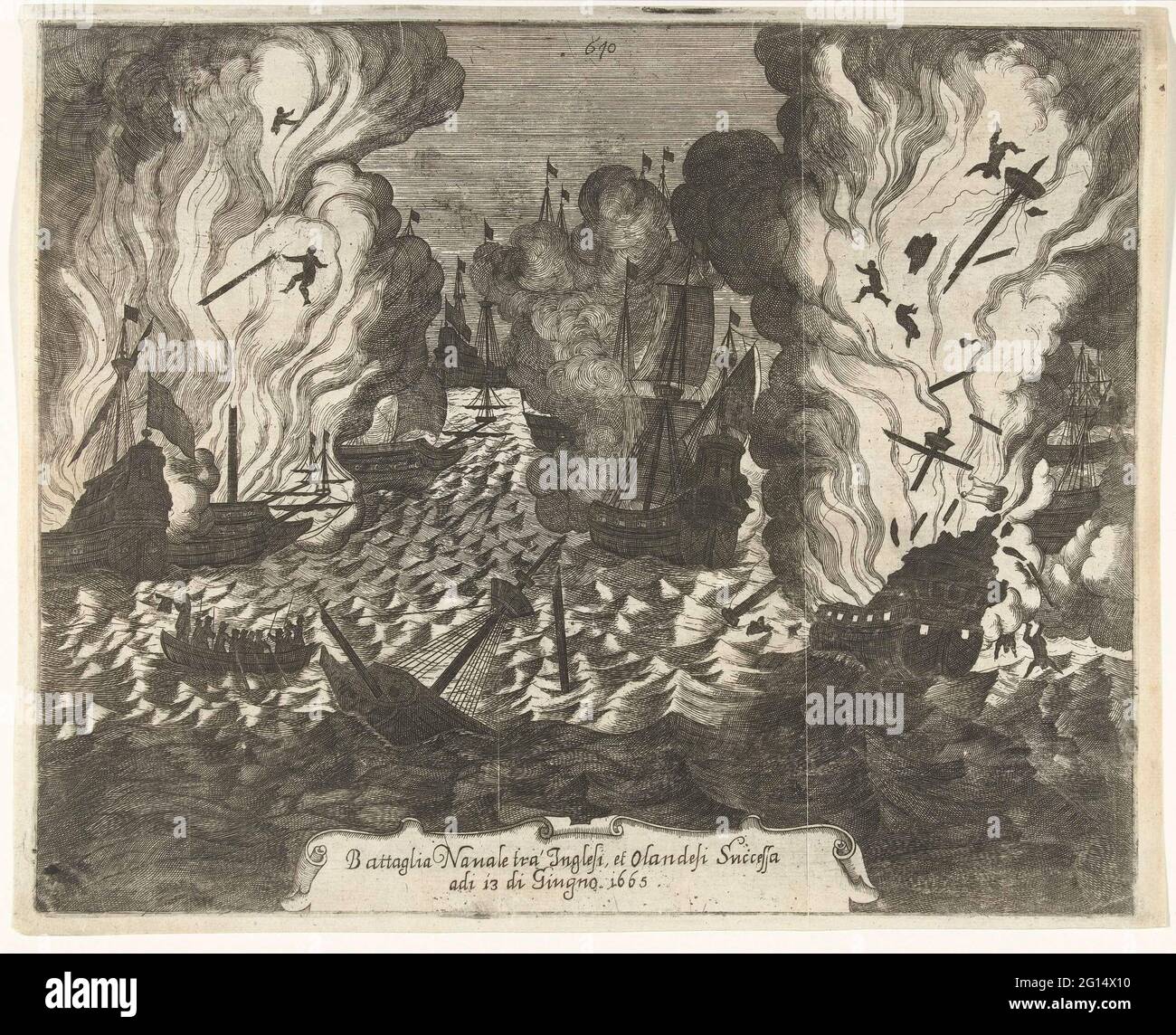 Sea battle at Lowestoft, 1665; Battaglia Navale Tra 'Inglesi, et oudesi Successa ADI 13 Di Giugno 1665. Sea battle at Lowestoft where the English fleet under the Duke of York James Stuart allocated the state fleet under Jacob van Wassenaer, Lord of Obdam, a severe defeat 13 June 1665. Part of the second English war. With title in Italian, marked in the middle: 610. Stock Photo