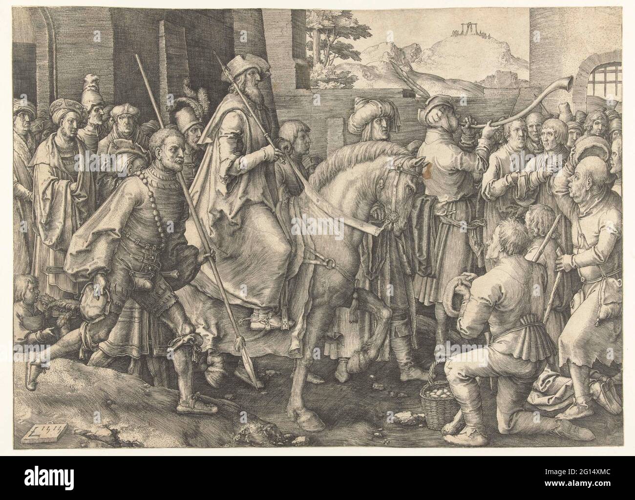 Triumph of Mordecai. Mordechai on horseback with effect and bystanders. On mountain gallows with hanging from Haman. Stock Photo